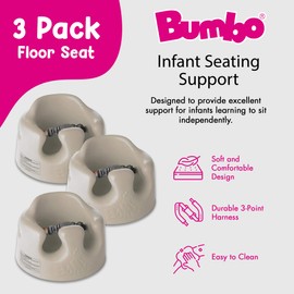 Bumbo Infant Floor Seat Baby Sit Up Chair and Sitting Support for 3 to 12 Months Old with 3 Point Adjustable Safety Strap, 3 Pack, Taupe