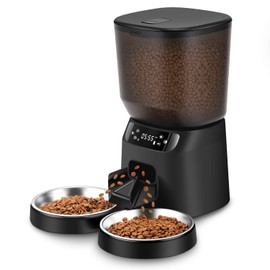 Automatic Cat Feeders for Two Cats, 5L/20 Cups Double Automatic Cat Food Dispenser with 2 Stainless Bowls, Timer Setting 20 Portions 6 Meals Per Day, 10s Meal Call (Black)
