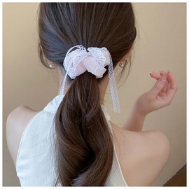 Vacaonio Pink Lace Bow Hair Scrunchie Hair Rope Elastic Lace Hair Scrunchies Ribbon Bow Lace Hair Tie Soft Lace Ponytail Holder Scrunchie Decorative Hair Accessories for Women Headdress