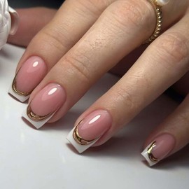 Foccna Short Press on Nails Square Fake Nails French Tip False Nails with Gold Line Design Glue on Nails Acrylic Nails Glossy Full Cover Stick on Nails for Women 24Pcs