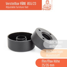 F!XBL Furniture Feet Adjustable Feet for Furniture Diameter 55 mm Furniture Raiser 23-35 mm High Set of 8 Furniture Legs Round Black
