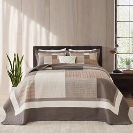 Finlonte Oversized King Bedspread 120"x120" - Rustic Plaid Quilted Coverlet Set, 100% Cotton Lightweight Reversible Bedding, Farmhouse Patchwork California King Quilt All Seasons, Brown/Beige/Taupe