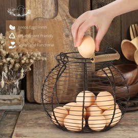Flexzion Chicken Egg Basket Wire Egg Holder with Wooden Handles for Egg, Fruits, Vegetables Storage, Display Metal Mesh, Basket Holder Countertop for Farmhouse Rustic Kitchen Counter Organizer, Black