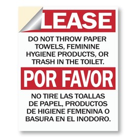 Do Not Flush Warning Sign Sticker, Paper Towels and Feminine Products Notice, Bilingual, 4 x 5 inches, 2-Pack