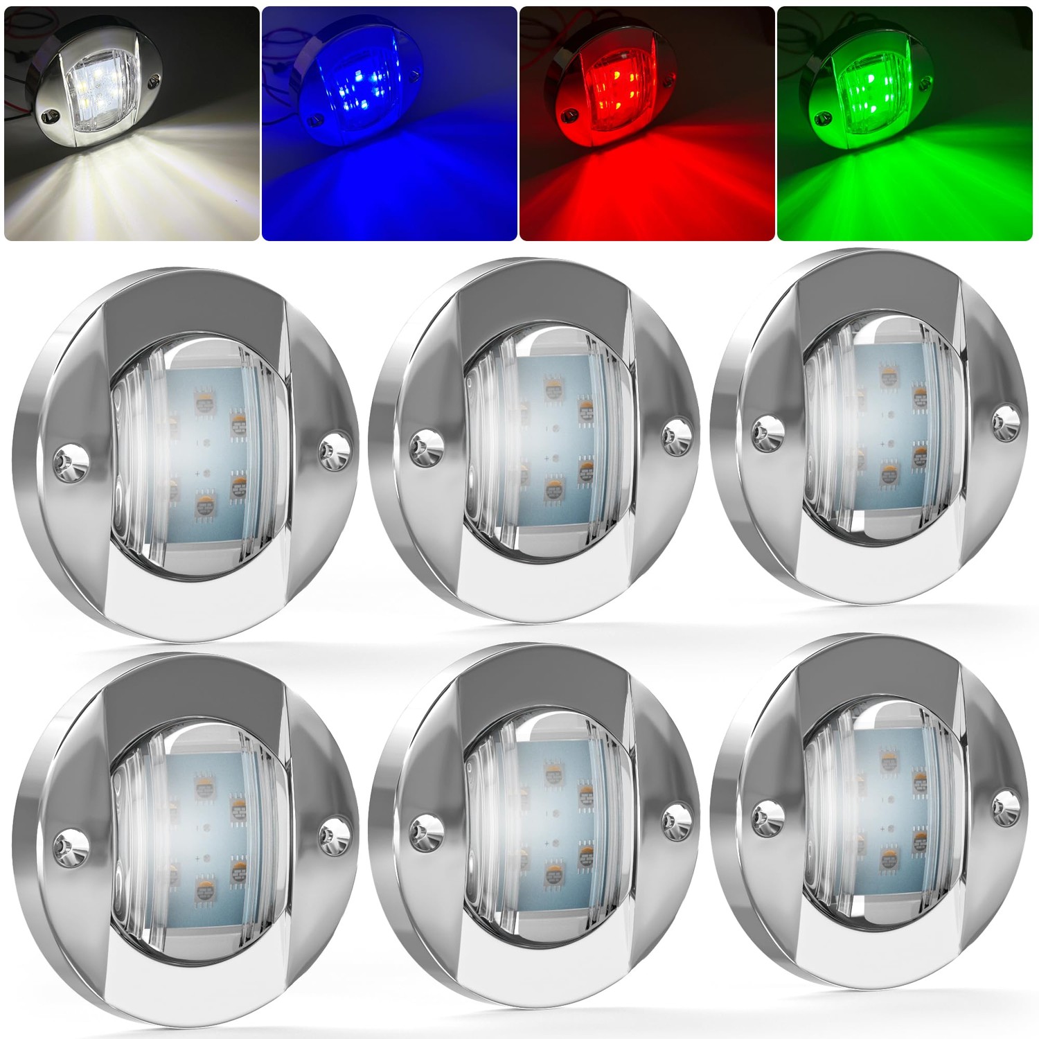 PSEQT 6Pcs 6LED RGBW Boat Courtesy Lights, 4-color 3'' Round Waterproof ...