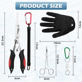 ABOHU Portable Fishing Pliers Set with Lanyard, 4 Pcs Fish Hook Removal Kit with Cut-Resistant Gloves, Stainless Steel Curved Forceps with Locking Ratchet for Sea River Fishing Tackle Accessories