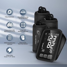 Blood Pressure Machine for Home Use - 3 Size Cuffs, Small 7"-9", Medium/Large 9"-17" and XL Extra Large 13"-21", Accurate Digital Automatic Upper Arm BP Monitor, Large Backlit Display, 3-User Mode | AQESO