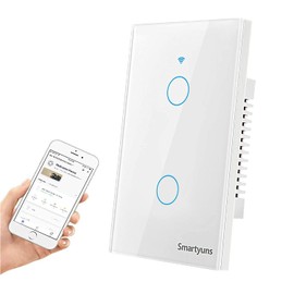 Smartyuns WiFi Smart Wall Light Switch - White, Tempered Glass Panel Touch Switch, 2 Gang for 1 Gang Box, Timer Function, Wireless Lighting Control