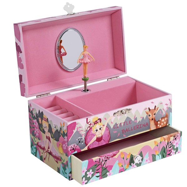 SONGMICS Ballerina Musical Jewelry Box for Kids, with Drawer, Storage Compartment, Ring Slots, 7.5”L x 4.3”W x 4.3”H, Pink