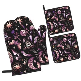 Oven Mitts and Pot Holders Sets of 4 Tarot Moon Butterfly Magic Goth Kitchen Potholder Gloves Heat Resistant Non-Slip for Chef Baking Cooking Grilling BBQ Mittens
