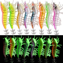 Luminous Squid Jig Hooks Shrimps Lure Saltwater Fishing Lures Octopus Cuttlefish Glow Body Shrimps Prawn Stainless Steel Squid Jig Fishing Hooks 8pcs
