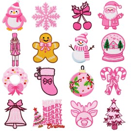 16PCS Pink Christmas Iron On Patches Trendy Unique Designs Cute Embroidered Holiday Appliques for Clothing Jackets Trucker Hats Backpack Jeans Bags Festive Xmas DIY Repair Decoration