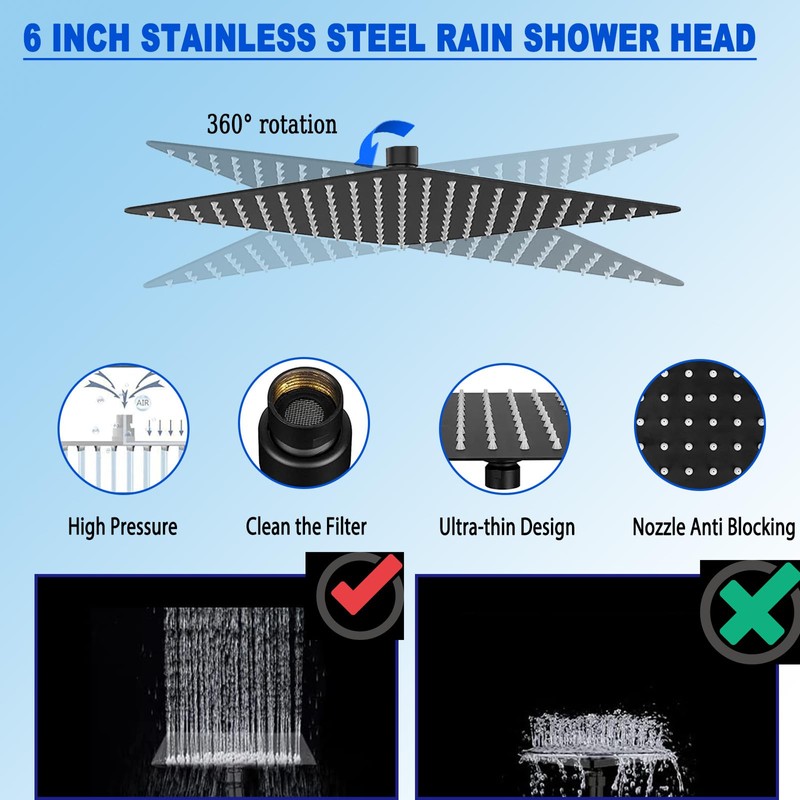 6'' Square High Pressure Rain Black Shower Heads with Handheld