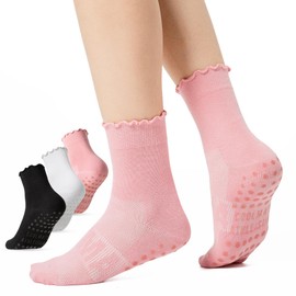 COOLMATE 3 Pairs Ruffle Pilates Socks with Grips for Women, Cute Non - Slip Crew Socks for Yoga, Barre, Lagree, Gift for Mom (US, Numeric, 6, 10, Regular, Regular, Black/White/Pink (3 Pairs))