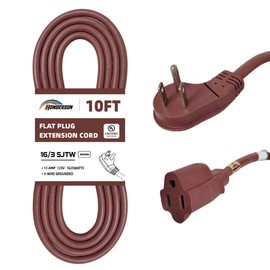 HONDERSON Flat Plug Indoor Extension Cord, UL Listed, 16 Gauge 10FT Brown 3 Prong Heavy Duty, 16/3 SJTW 13A Power Cord for Lights, Appliances, Home