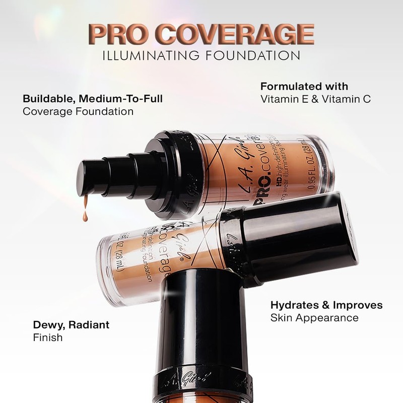 L.A. Girl Pro Coverage Liquid Foundation, Warm Caramel, 0.95 Fl