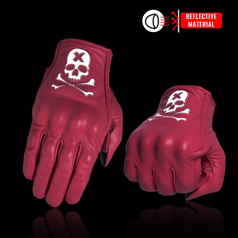 Keebik Goatskin Leather Motorcycle Motorbike Powersports Racing Gloves Reflective Skull