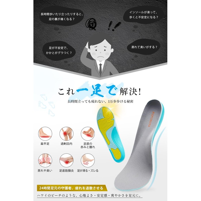 FUFUNOYA Insole, Fatigue-Resistant, Shock Absorption, Flatfoot, Arch Support, Footbed, Men's,