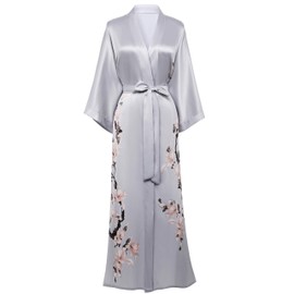 Babeyond Women's Dressing Gown Kimono Flowers Branch Printed Maxi Long Ladies Bathrobe Pear Flowers Beach Jacket Bridal Hen Night Party Sleep Robe - black