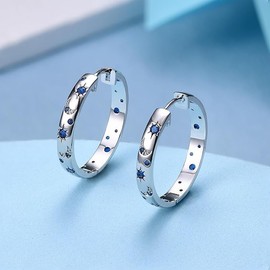Silver Hoop Earrings for Women 925 Sterling Silver Post Earrings Moon Star Cute Huggie Hoop Earrings Cubic Zirconia Hoop Sleeper Earrings Set (Blue)