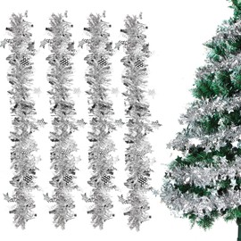 Sprinlot Christmas Garland, Silver, Pack of 4 Tinsel Garlands, Shiny Christmas Garlands with Stars, Christmas Tree Garland, Tinsel Christmas Tree Decoration