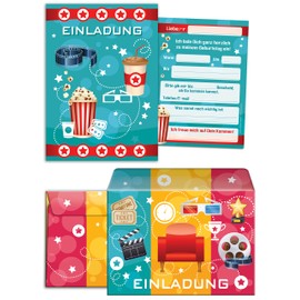 JuNa-Experten 12 Invitation Cards for Children's Birthday Parties for Girls and Boys Cinema Party Including 12 Envelopes, 12 Bags/Natural, 12 Stickers, 12 Bookmarks, 12 Pads