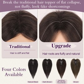 RUWISS Hair Toppers for Women Real Human Hair - Lightweight Clip-in Hair Piece for Thinning Hair, Fluffy Straight Hair Topper without/with Bangs, Dark Brown with 15% Dark Cocoa Blonde