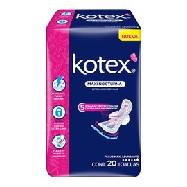 Kotex Maxi Nocturna Extra Larga Con Alas, Toalla Femenina, Paquete con 20 Toallas, Ideal para flujo Maxi Abundante y Extra Protección Trasera