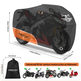 ROWYEET Motorcycle Cover Waterproof Outdoor Storage with Lock-Holes, Storage Bag & Night Reflective Design, All Season Protection Powersports Vehicle Covers Fits up to 116" Motorcycles