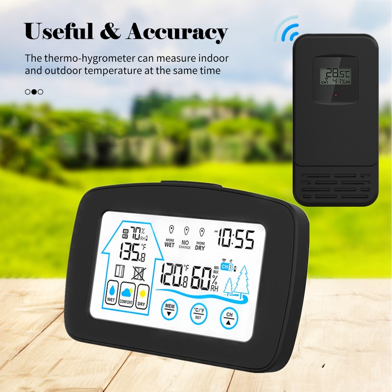 Indoor & Outdoor Hygrometer Thermometer with Time Backlight LCD Display