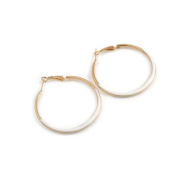 50mm Diameter/Gold Tone with White Enamel Hoop Earrings/Large Size