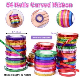 Pack of 54 Birthday Streamers, 10 m x 5 mm, Sparkling Colourful Streamers in 9 Colours, Party Streamers for Birthday Decoration, Wedding, Carnival, Gift Ribbon and Celebration Occasions