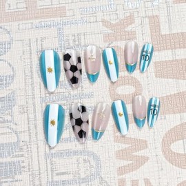 24 Uñas Postizas de Argentina para la Copa Mundial - Ojo de Gato Azul | Uñas Postizas Medianas Almendradas con Punta Francesa y Diseños de Fútbol. Reu