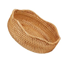 Natural Rattan Round Fruit Basket Bowls, Hand Woven Decor Serving Baskets, Wicker Storage for Dinning Room (Wave Large)