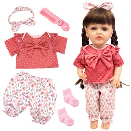 5 Pcs Baby Doll Clothes for 20-22inch, 20inch Sweet Doll Clothes Outfit, New Doll Clothes with Polka Dot Bow Top Floral Pants Headband Comb Socks for 50-56cm Baby Doll, Birthday Gifts for Girls/Boys