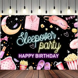 Sleepover Party Backdrop Movie Night Slumber Birthday Party Banner Black Pink Slumber Party Backdrop Pajama Pillow Fight Girls Party Decor Spa Makeup Party Banner (Black, 7x5feet)