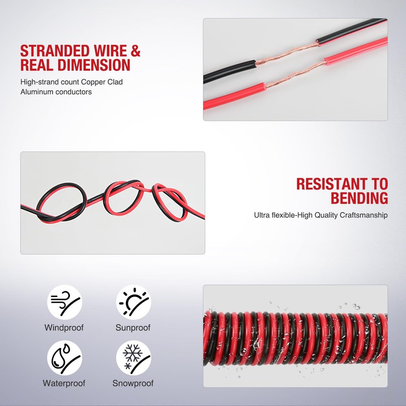 Nilight 50FT 16AWG Copper Clad Aluminum Wire 16/2 Gauge Red