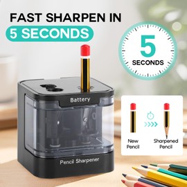 Eagle Electric Pencil Sharpener, Dual Holes, Battery Powered for School/Office/Art, 5s Fast Sharpening, Portable w/Large Shaving Tray & Replaceable Blades, for 6-12 mm Pencils (Black)