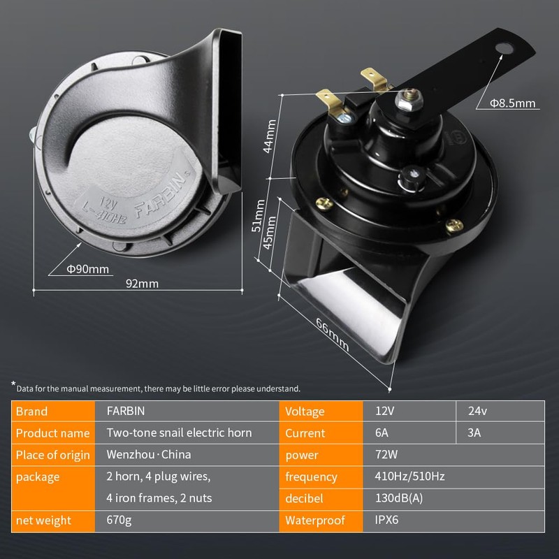 FARBIN Car Horn 12V Compact Motorcycle Horn Super Loud High