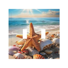 CZRPKEN Decorative Light Switch Cover Plate Beach Starfish Seashell Hawaiian Ocean Theme 2 Gang Wall Plate Oversized Double Toggle Two Switch Wall Cover Plate Dual Device Electrical Face Plate
