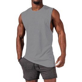 iudam Mens Workout Sleeveless Shirts Cotton Casual Tank Tops Muscle Gym Cut Off T-Shirts (Grey,M)