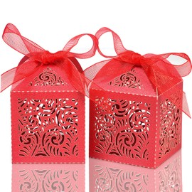 COTOPHER 100Pcs Laser Cut Favor Boxes, 2x2x2.75in Small Gift Boxes for Presents, Party Wedding Favors Boxes with Ribbon, Mini Candy Boxes for Event Bridal Shower Anniversary Birthday Christmas, Red