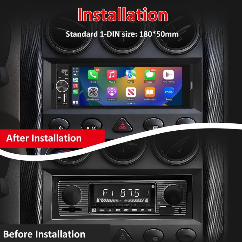 Junsun Single DIN Car Stereo with CarPlay and Android Auto,
