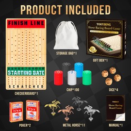 TooyBing Large 21 Inches Horse Race Board Game, Horse Racing Games with Cards and Dice & 11 Luxury Metal Horses, Thickened Wood Chessboard, Classic Wooden Table Top Board Games for Adults and Family