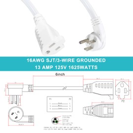 [1 Pack] Flat Wall Plug Short Power Extension Cord - 6inch Mini White Low Profile Flat Head Small Appliance Power Supply AC Cord, 1625W 16AWG Household 3 Prong Indoor Grounded Short Extension Cord