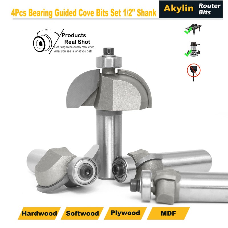 Akylin 4pcs Cove Router Bit Set,1/2" Shank,Radius 3/16",1/4",7/16", and 9/16",Cove