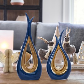 2 PCS Blue Gold Vase Home Decor Accent Ceramic Vase set of 2 Vases for Centerpieces Pampas Flower Vases for Coffee Table Living Room Shelf Bookshelf Dining Kitchen Mantel and Entryway Decorations
