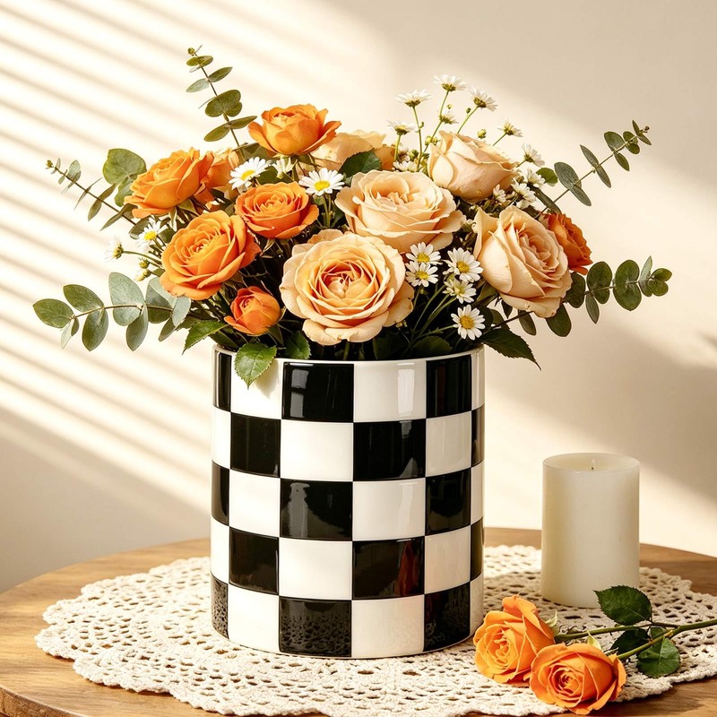SWIND Checkered Ceramic Kitchen Utensil Holder Cooking Utensil Crock