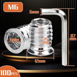 Ziamzra Pack of 100 Screw-in Nuts M6 x 15 mm Threaded Insert Wood Galvanised Screw Nuts M6 Screw Sleeves Hex Hexagonal Threaded Sleeves for Steel Pine Plywood Composite Panels