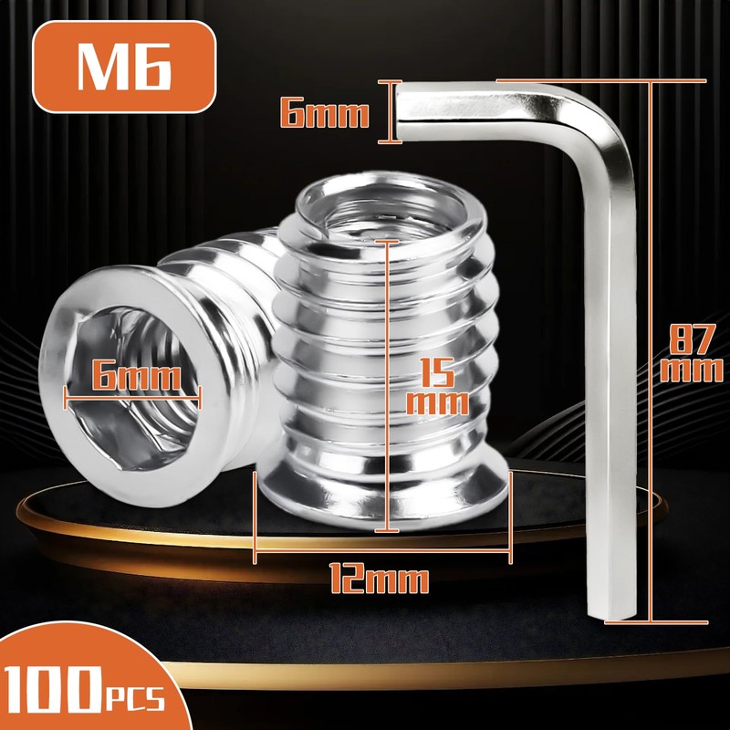 Ziamzra Pack of 100 Screw-in Nuts M6 x 15 mm